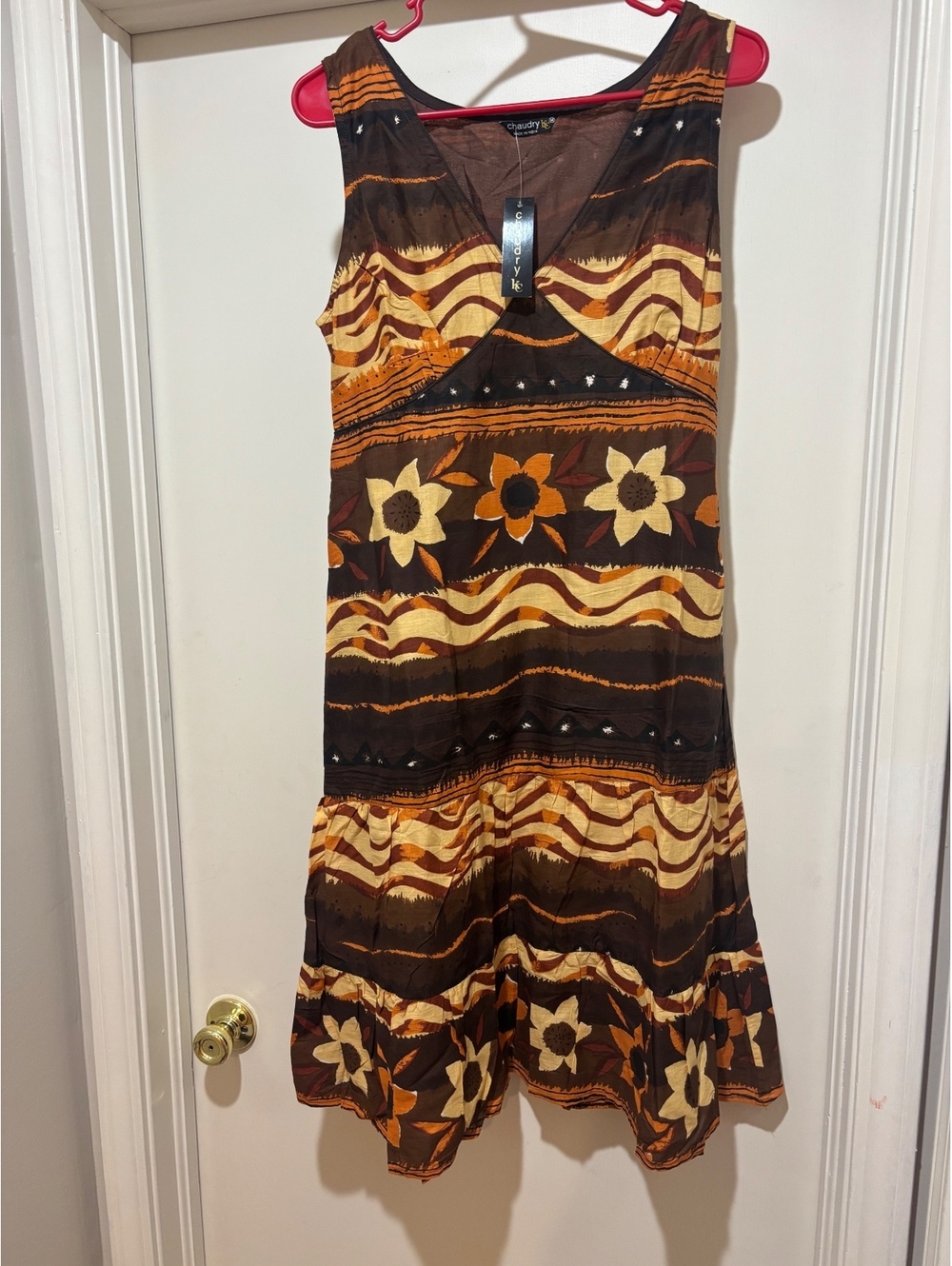 Boho Cotton Midi Dress Medium Brown Floral Prairie Western Festival NWT